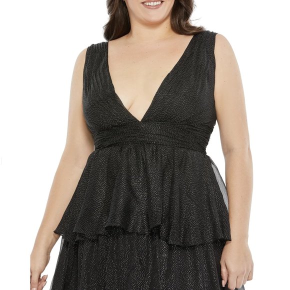 Mac Duggal 68131 Size 22W 22 Black Silver Shimmer Tiered Chiffon Maxi Gown Dress - Picture 2 of 14